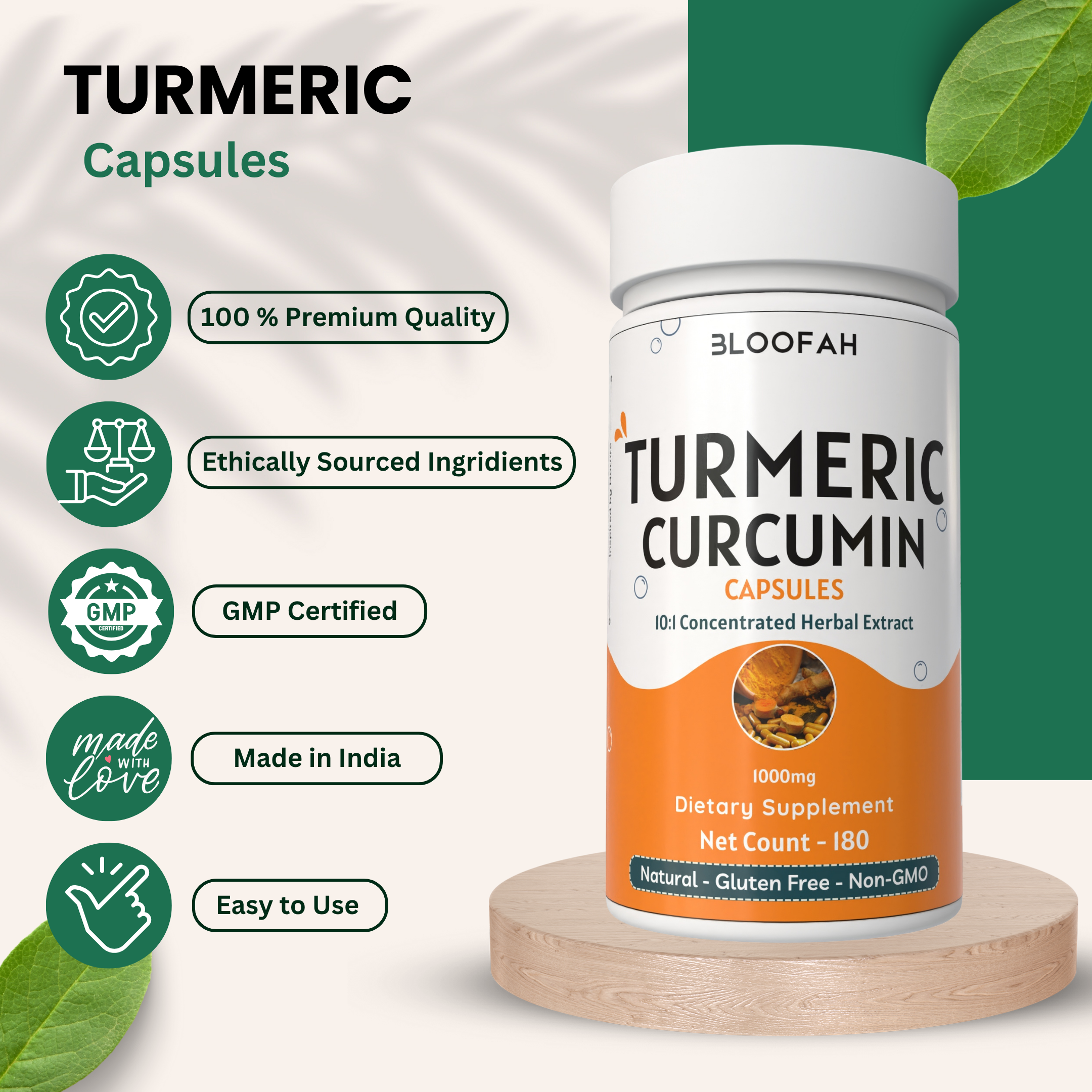 Bloofah Turmeric Curcumin Capsules 1000mg | Turmeric Powder (Cucurma Longa) Extract 10:1, Black Pepper 5% | 100% Pure, Natural, Gluten Free Formula Herbal Supplements for Overall Wellness - Non-GMO