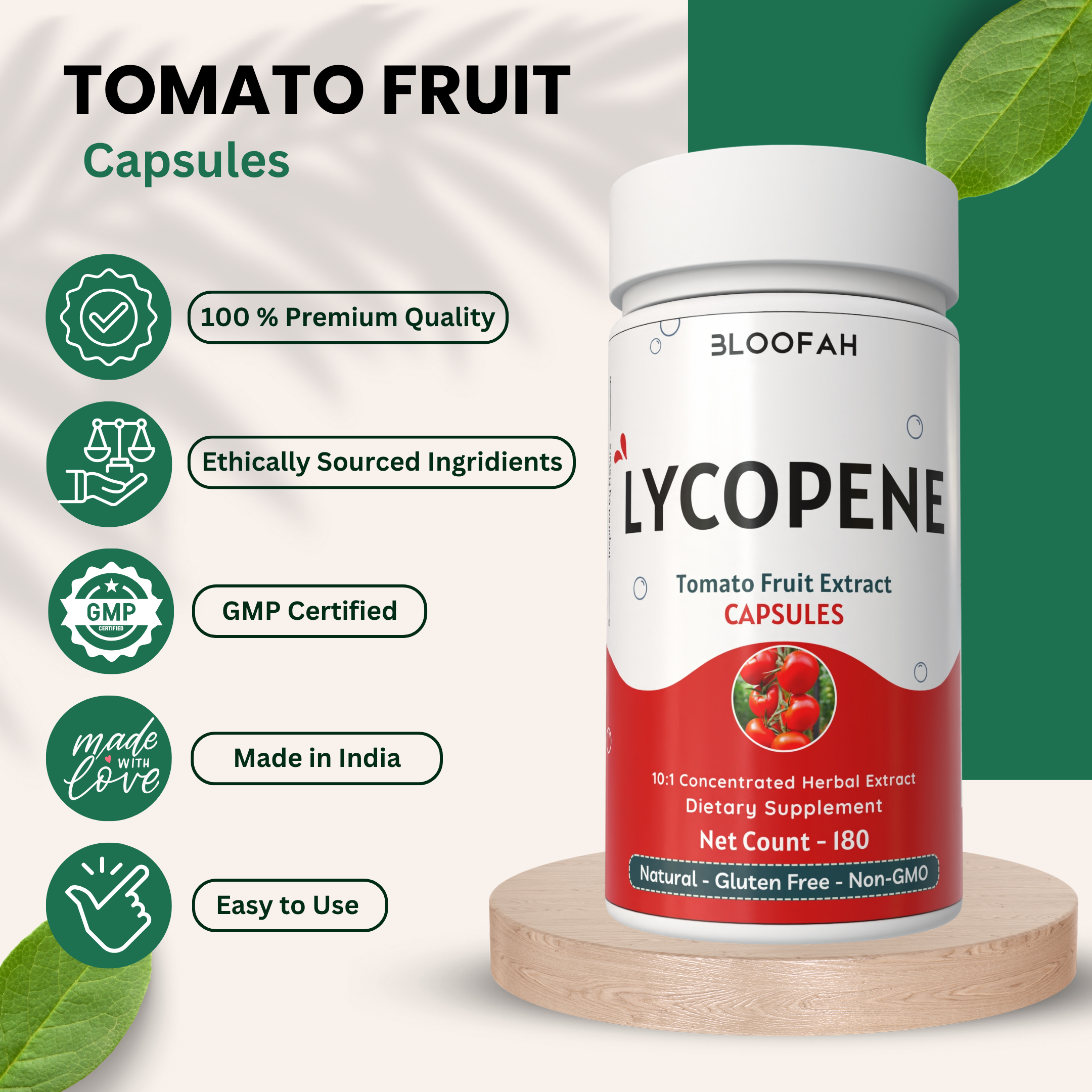 Bloofah Lycopene Tomato Fruit Extract Capsules 500mg | 10:1 Powder Per Serving 500mg | Rich in Natural Lycopene | Premium Herbal Supplement for Vitality & Wellness | Non-GMO, Gluten-Free