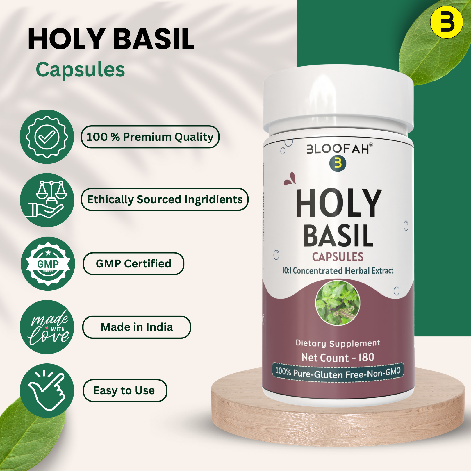 Bloofah Holy Basil Leaf Capsules 500mg - | Tulsi (Ocimum tenuiflorum) Extract 10:1 Leaf Powder | 100% Pure Natural Herbal Supplement | Non-GMO, Gluten Free Formula