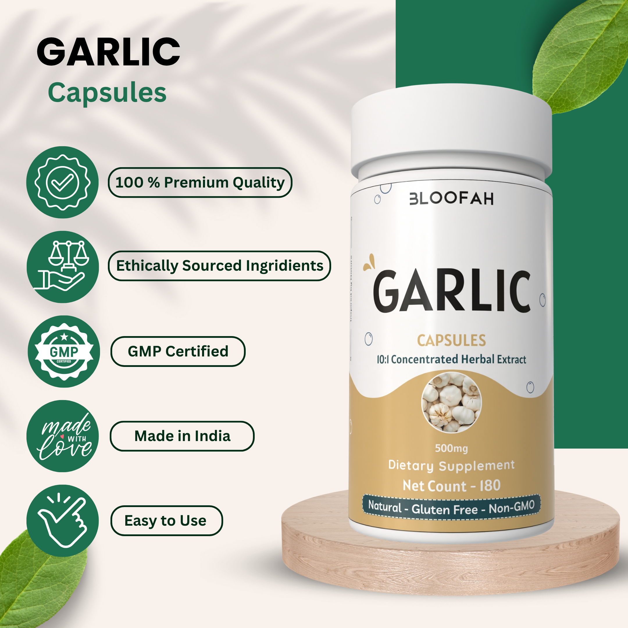 Bloofah Garlic Extract Capsules 500mg | 100% Pure Garlic (Allium sativum) Powder | Herbal Supplement for Health and Wellness | Natural, Gluten Free, Non-GMO Formula 5000mg Per Serving