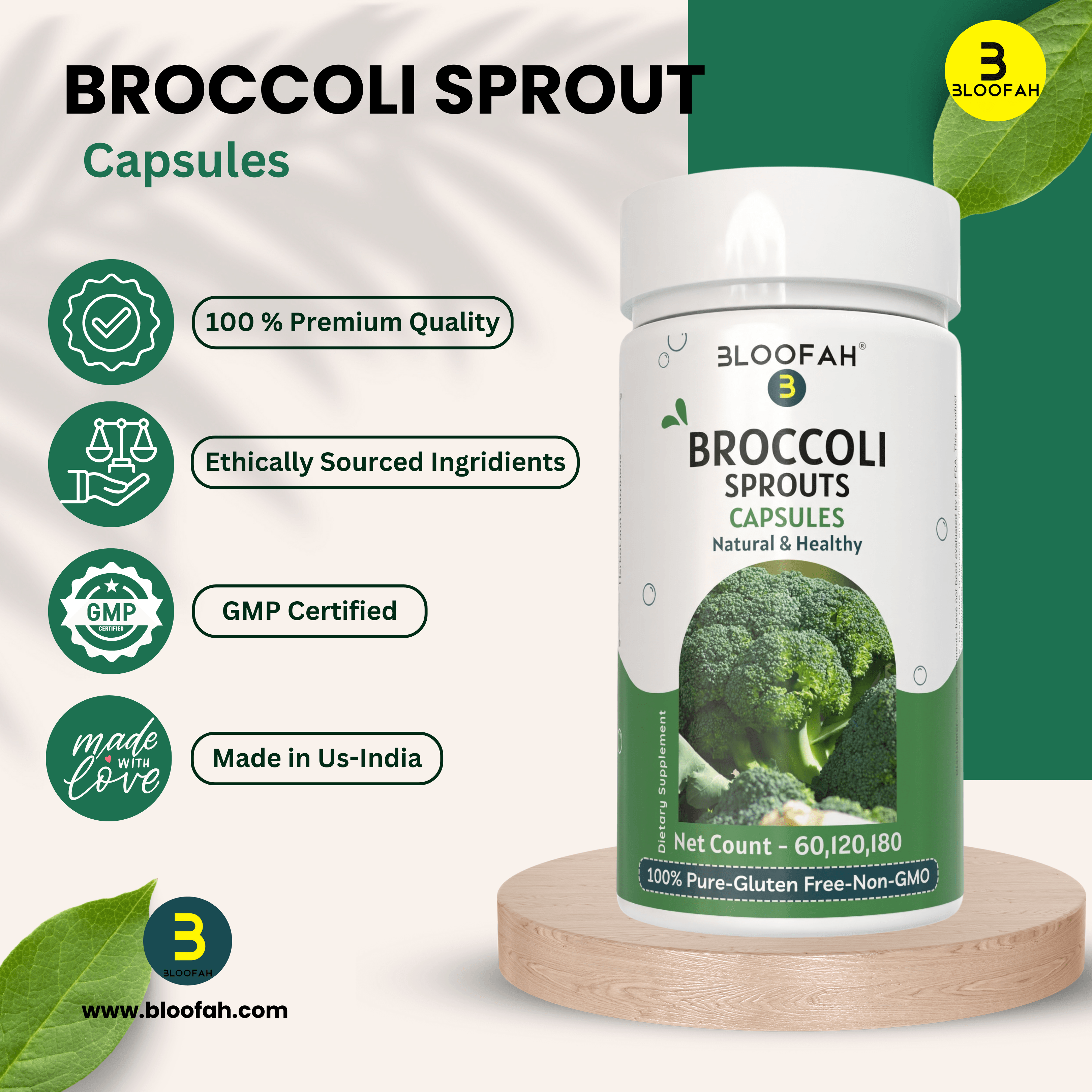 Bloofah Broccoli Sprout Extract Supplement 5000mg | Broccoli Sprout (Brassica oleracea VAR. Italica) Extract 10:1 Powder | 100% Pure, Natural, Gluten-Free Formula Herbal Supplements - Bloofah