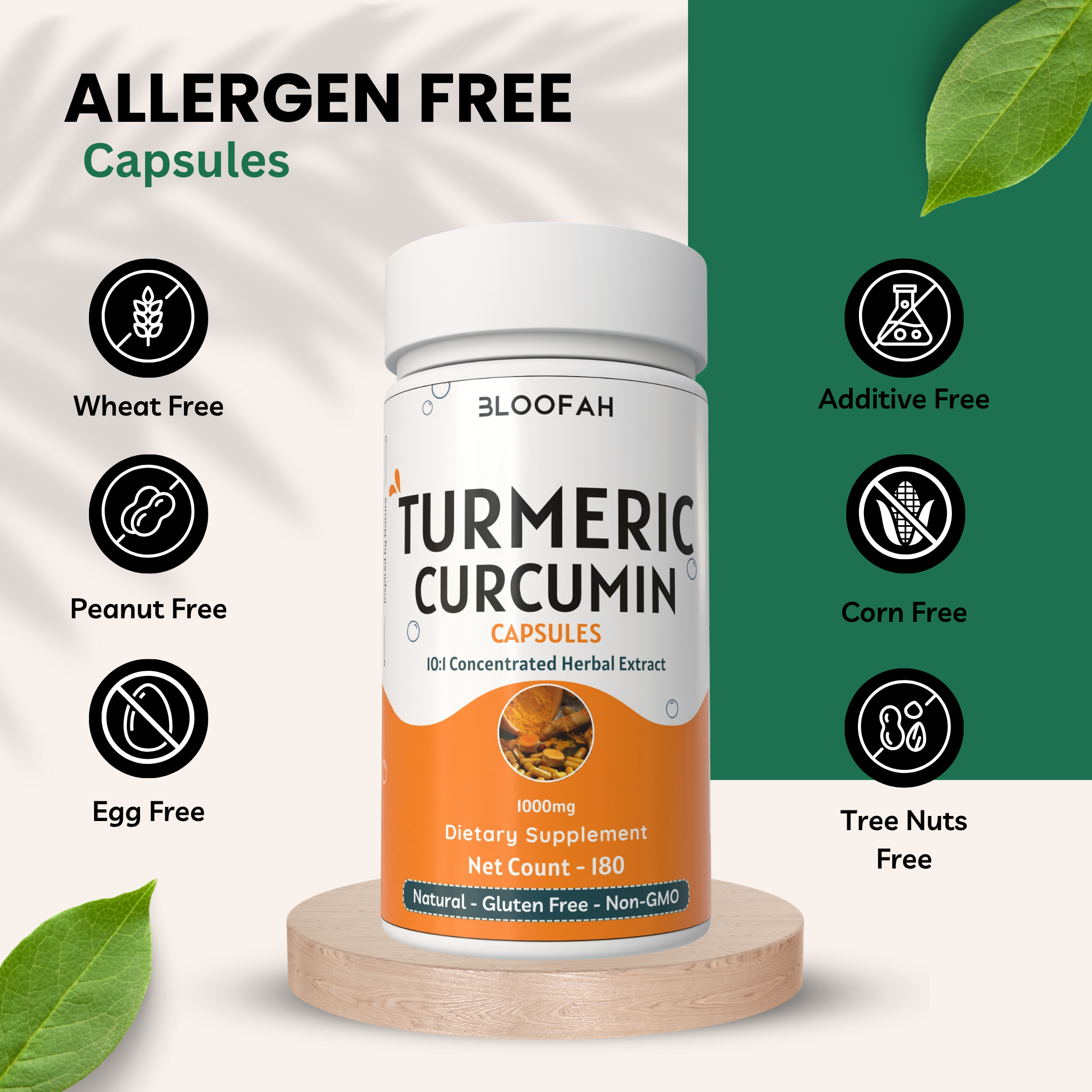 Bloofah Turmeric Curcumin Capsules 1000mg | Turmeric Powder (Cucurma Longa) Extract 10:1, Black Pepper 5% | 100% Pure, Natural, Gluten Free Formula Herbal Supplements for Overall Wellness - Non-GMO