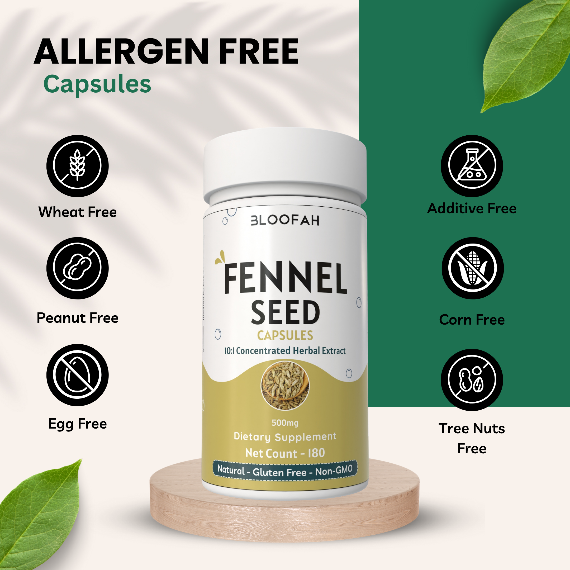Bloofah Fennel Seed Capsules 500mg | 100% Pure Fennel Seed Extract 10:1 (Foeniculum vulgare) Powder | Non-GMO, Gluten Free Formula for Overall Health Supplement