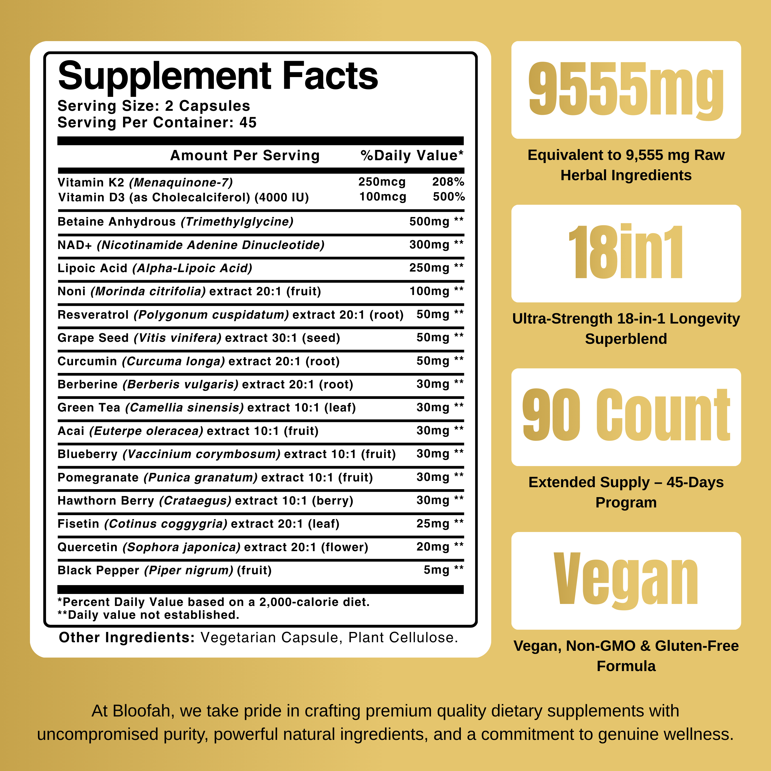 Bloofah NAD+ Capsules 1530mg | Nicotinamide Riboside with Resveratrol & 18-in-1 Herbal Blend | Cellular Energy & Healthy Aging Support (90 Vegan Capsules)