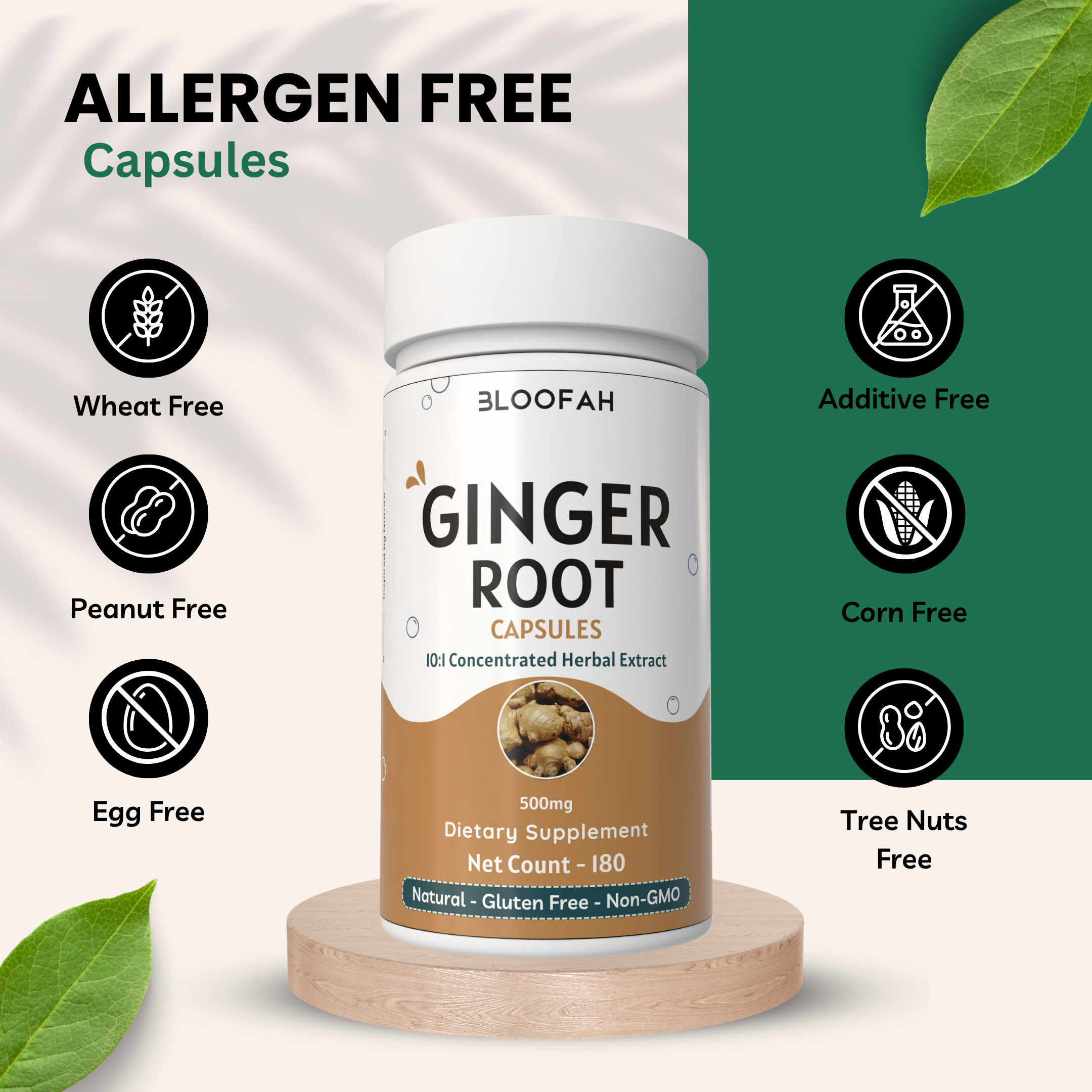Bloofah Ginger Root Capsules 500mg | Non-GMO, Gluten Free Formula | 100% Pure Ginger (Zingiber officinale) Root Extract 10:1 Powder Herbal Supplement for Overall Health