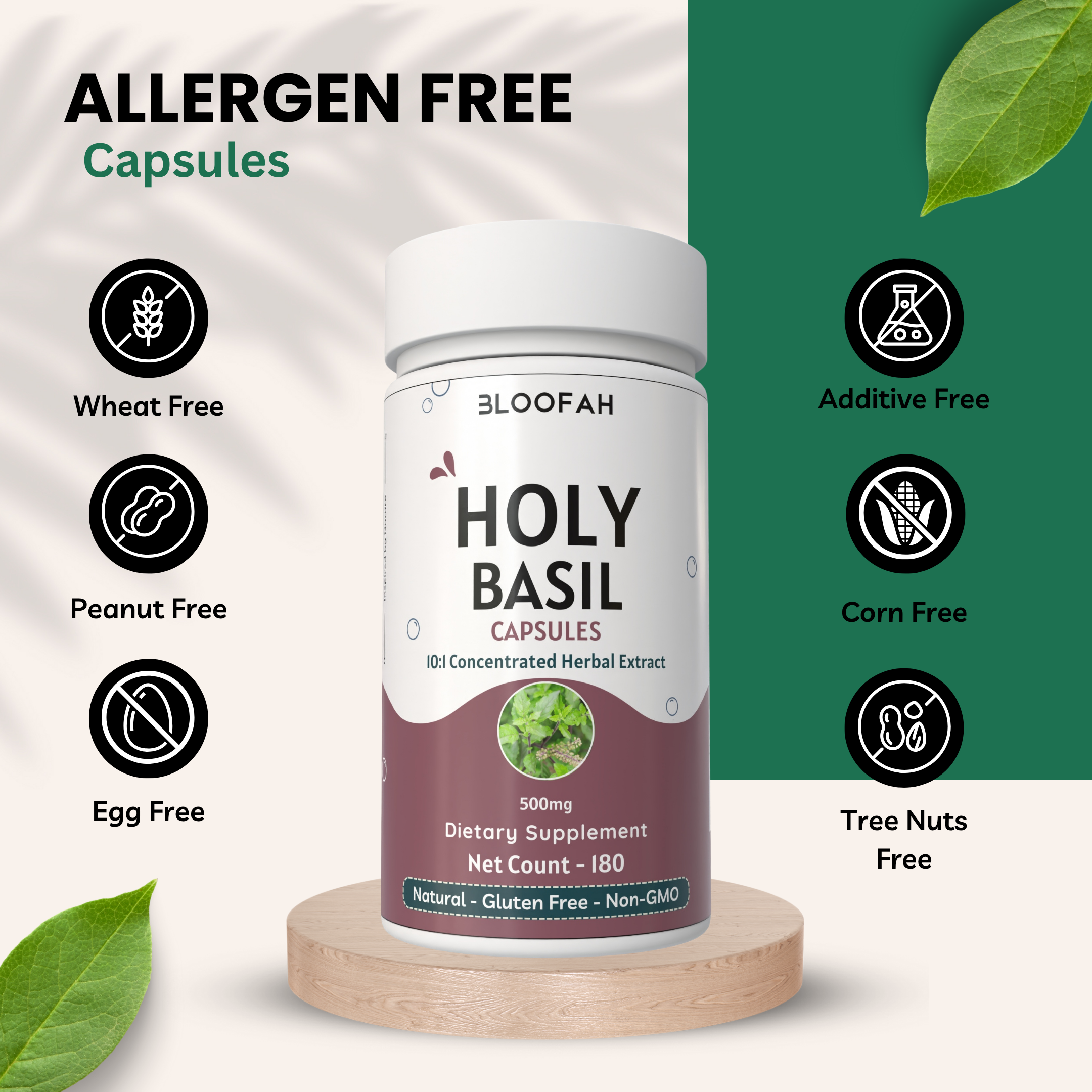 Bloofah Holy Basil Leaf Capsules 500mg - | Tulsi (Ocimum tenuiflorum) Extract 10:1 Leaf Powder | 100% Pure Natural Herbal Supplement | Non-GMO, Gluten Free Formula