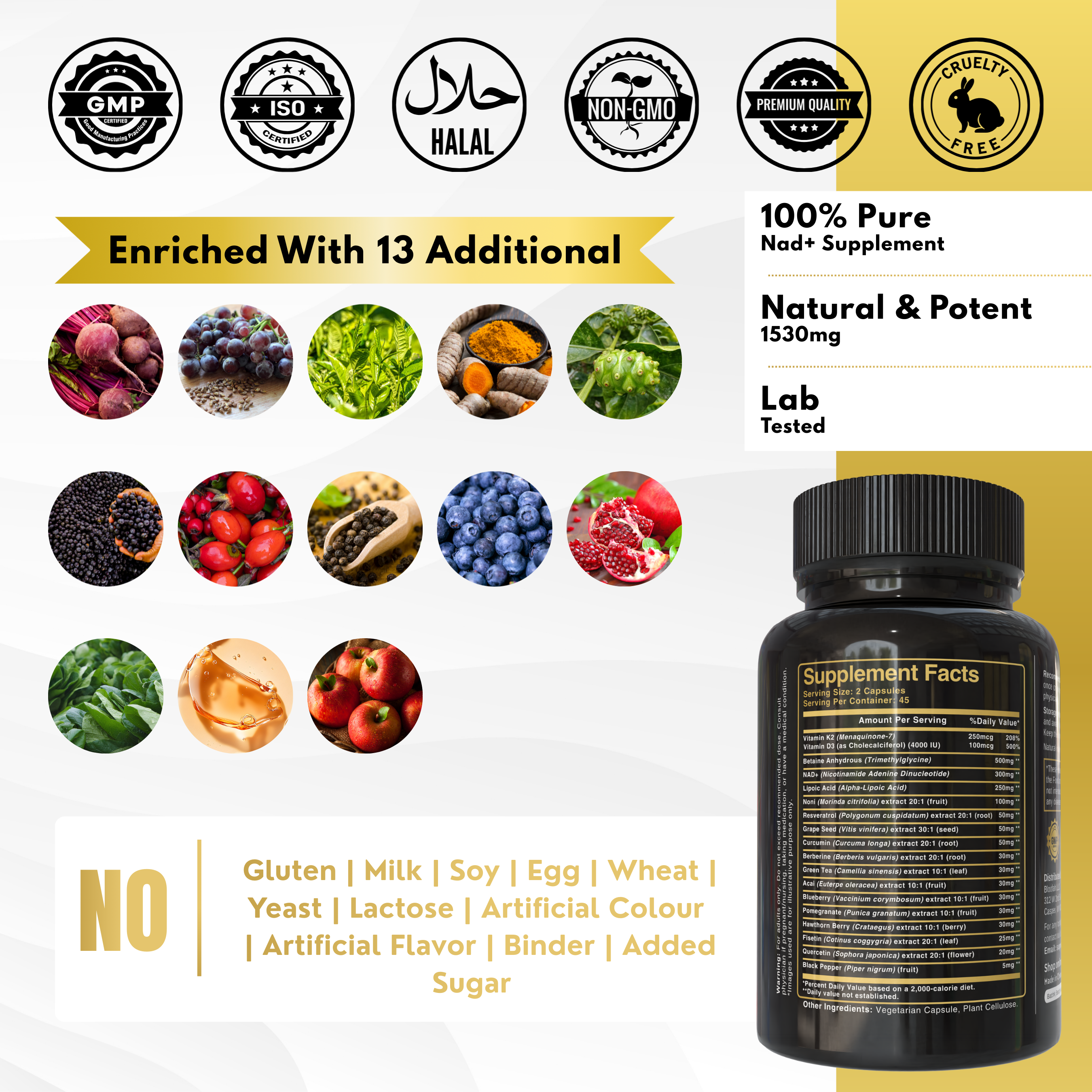 Bloofah NAD+ Capsules 1530mg | Nicotinamide Riboside with Resveratrol & 18-in-1 Herbal Blend | Cellular Energy & Healthy Aging Support (90 Vegan Capsules)