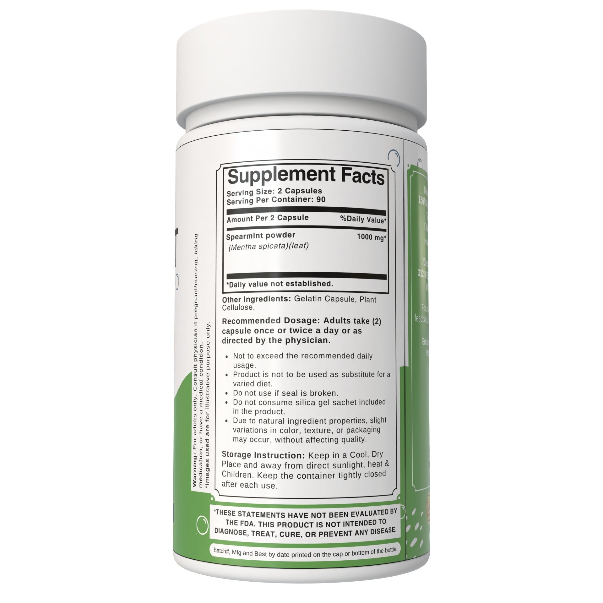 Bloofah Spearmint Leaf Supplement | Spearmint (Mentha spicata) Powder | 100% Pure, Natural, Gluten-Free Formula Herbal Supplements for Overall Wellness | 1000mg Per Serving