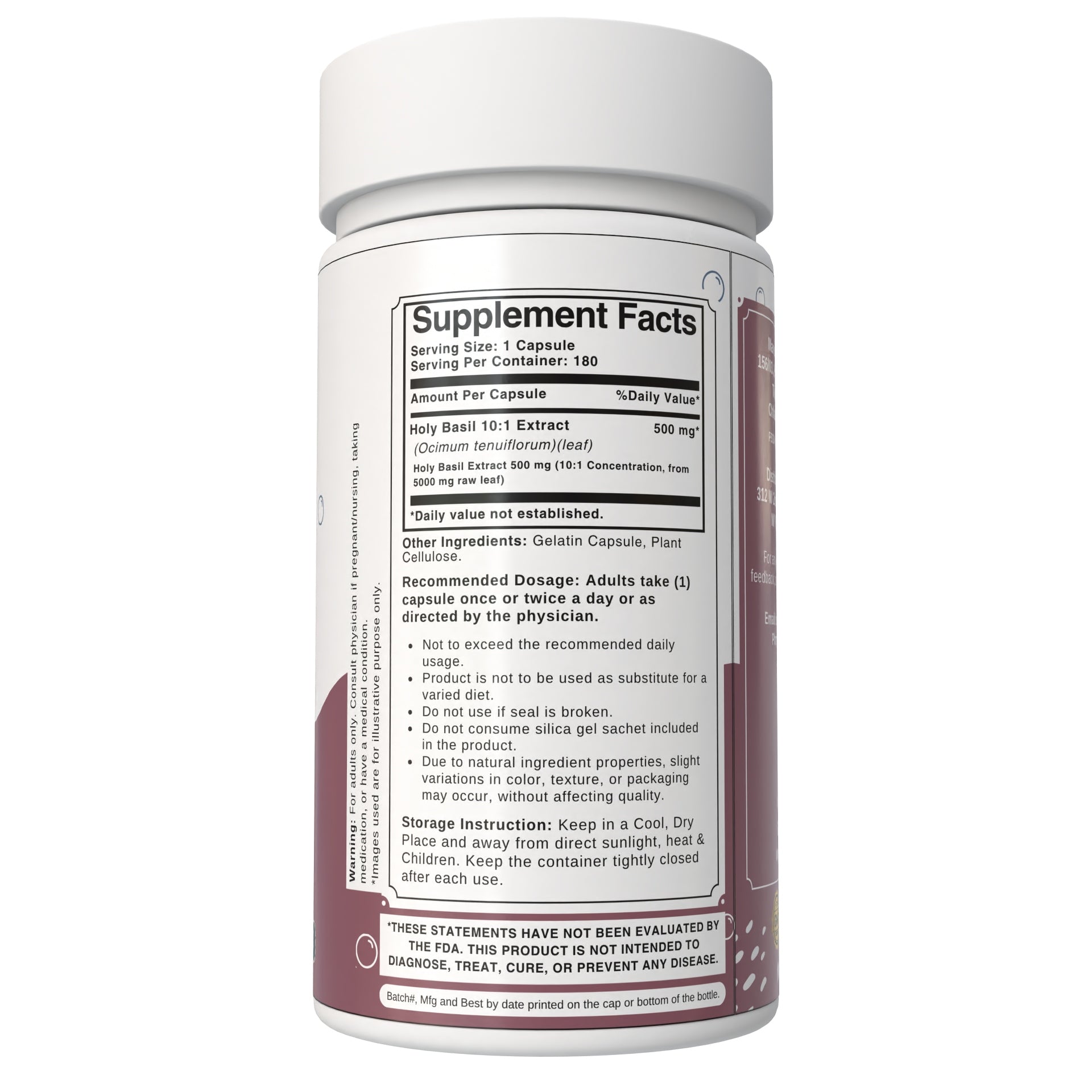 Bloofah Holy Basil Leaf Capsules 500mg - | Tulsi (Ocimum tenuiflorum) Extract 10:1 Leaf Powder | 100% Pure Natural Herbal Supplement | Non-GMO, Gluten Free Formula