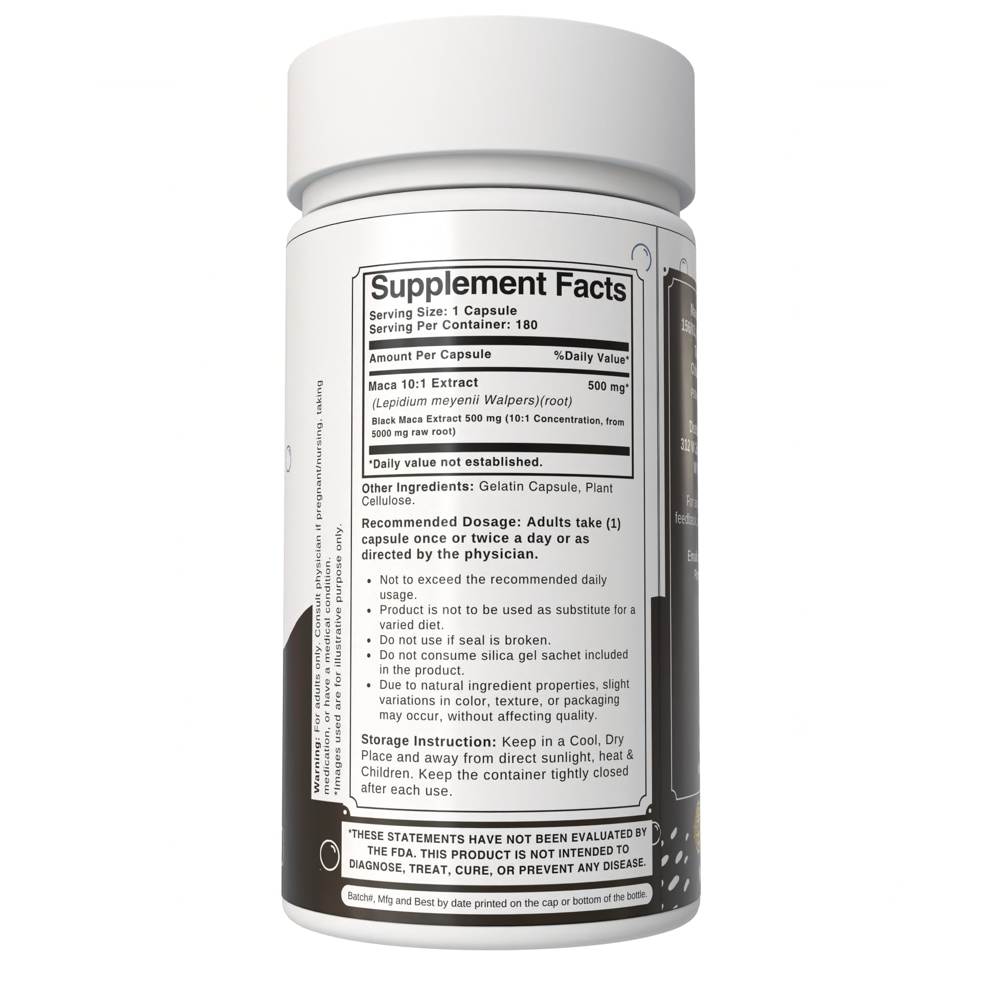 Bloofah Black Maca Capsules 500mg | Natural Black Maca (Lepidium meyenii Walpers) Root Extract 10:1 Powder | 100% Natural Herbal Supplement | Non-GMO, Gluten Free