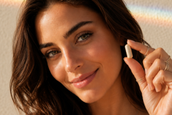 A close-up lifestyle shot of a woman with dark brown hair holding a small white rectangular beauty device near her ear, set against a warm, softly lit beige background.
