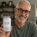 A 3x3 collage of nine people holding white supplement bottles labeled LYP in front of their homes and offices. The image showcases a diverse group of individuals, including men and women of various ages and ethnicities, smiling and presenting the product in a clean, professional, and engaging manner.