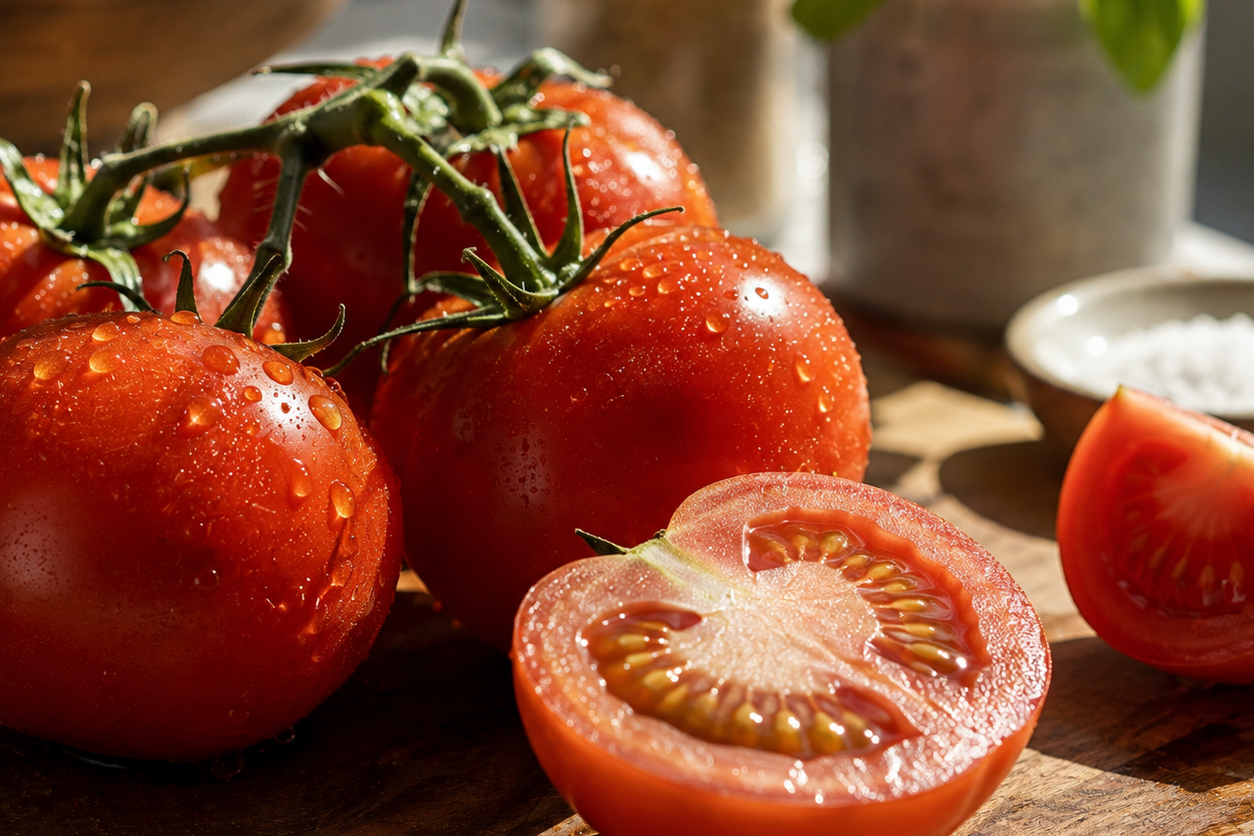 Fresh red tomatoes on the vine with one halved tomato in the foreground, photographed on a wooden surface with herbs and jars blurred in the background.