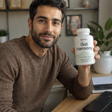 A 3x3 collage of women and men holding white supplement bottles labeled 'Gut Harmony' in various real-world settings, including beach scenes, home interiors, and outdoor locations.