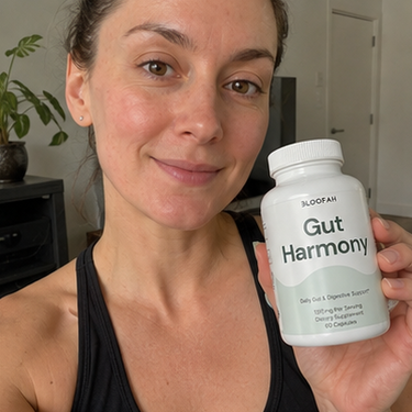 A 3x3 collage of women and men holding white supplement bottles labeled 'Gut Harmony' in various real-world settings, including beach scenes, home interiors, and outdoor locations.