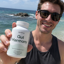 A 3x3 collage of women and men holding white supplement bottles labeled 'Gut Harmony' in various real-world settings, including beach scenes, home interiors, and outdoor locations.