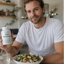 A 3x3 collage of women and men holding white supplement bottles labeled 'Gut Harmony' in various real-world settings, including beach scenes, home interiors, and outdoor locations.
