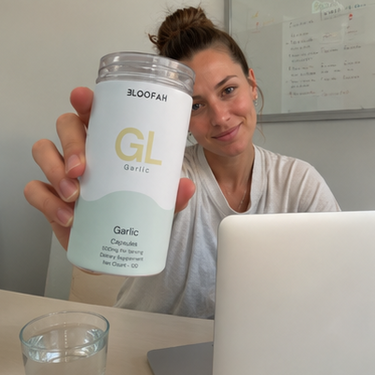 A 3x3 collage of nine lifestyle photos showing different people holding and drinking from a can of GL Formula supplement. The can is white with gold lettering, and the background varies from indoor settings to outdoor beach and mountain scenery.