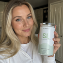A 3x3 collage of people holding slimming drink cans branded SL, shown in various real-world settings including outdoors, at the beach, in a kitchen, and at home.
