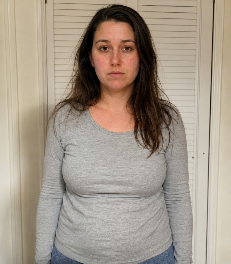 Before and after split screen comparison of a woman. The left 'Before' photo shows her in a gray long-sleeve shirt and jeans in front of white shutters.