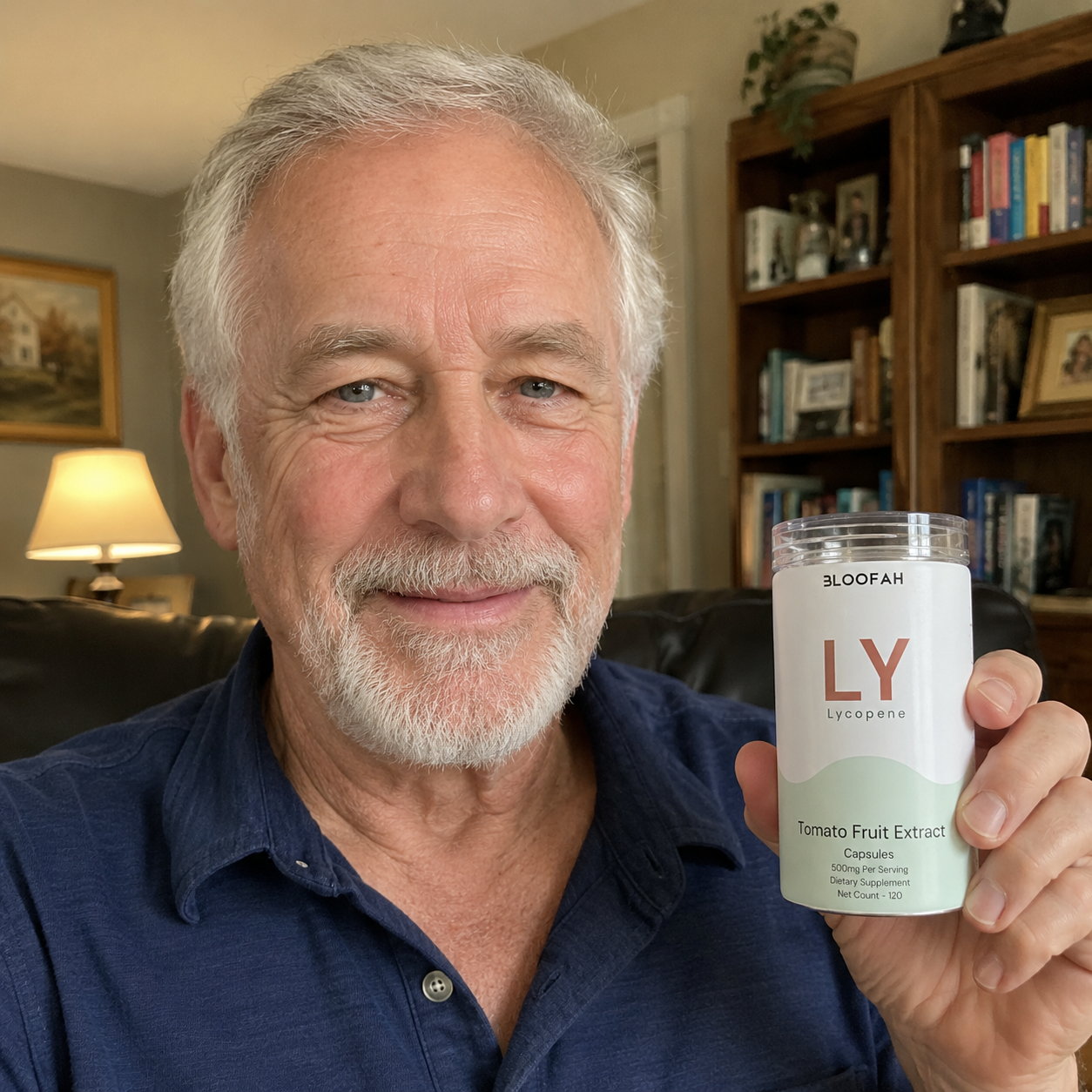 An older man with gray hair and a beard holds up a jar of 3LOOFAH LY Leopold Tomato Fruit Extract capsules in a cozy living room setting.