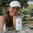 A 3x3 collage of people holding and smiling with GR branded supplement cans in various real-world settings, including outdoor landscapes, cafes, and home interiors.